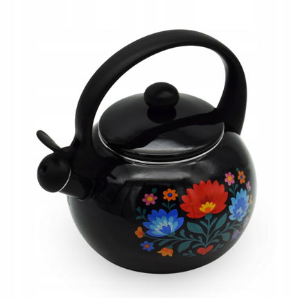 Meyerhoff Black Folk fluitketel 2,2L – Emaille inductie fluitketel – Traditioneel folk design – Zwart met bloemen