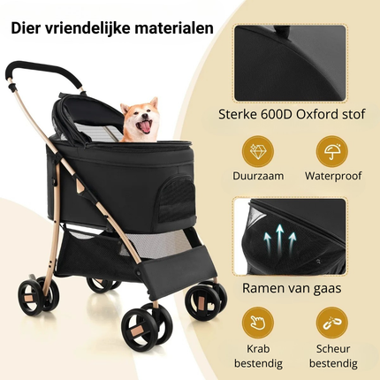 Trendmix Hondenbuggy 3-in-1 Zwart – Opvouwbare Hondenwagen – Verwijderbare Draagbox & Autostoel – Tot 15 kg – Met Vering & Opbergruimte