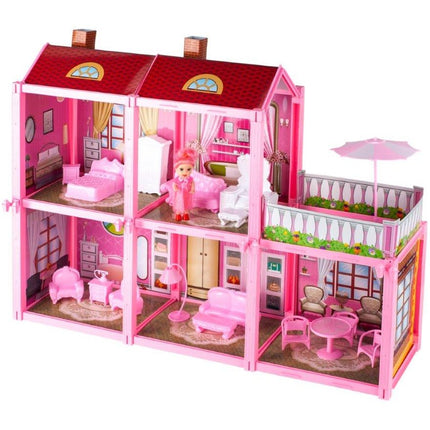 Poppenhuis villa met 2 verdiepingen inclusief accessoires en pop roze 60 x 17 x 44 cm