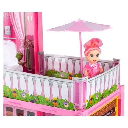 Poppenhuis villa met 2 verdiepingen inclusief accessoires en pop roze 60 x 17 x 44 cm