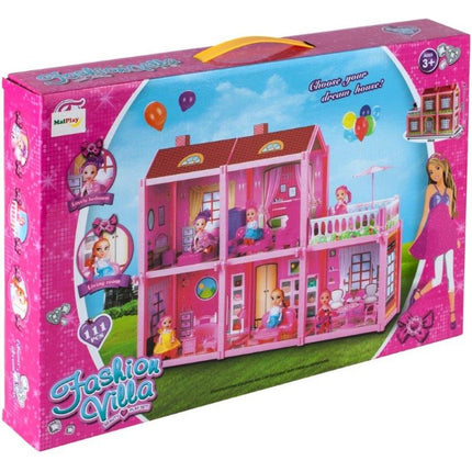 Poppenhuis villa met 2 verdiepingen inclusief accessoires en pop roze 60 x 17 x 44 cm