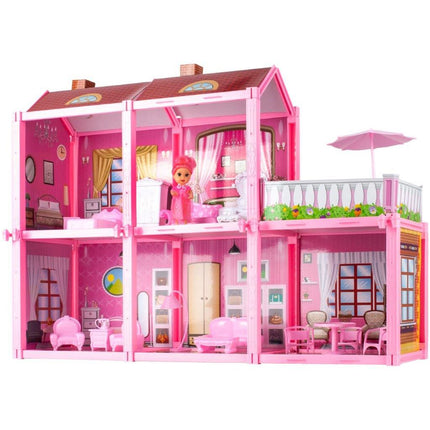 Poppenhuis villa met 2 verdiepingen inclusief accessoires en pop roze 60 x 17 x 44 cm