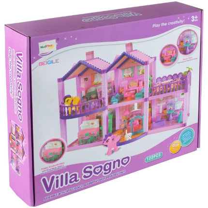 Villa Sogno Roze Poppen en Ponyhuis met 2 Paarden - Dreamhouse Speelfigurenset - Poppenhuizen - 38,5 cm