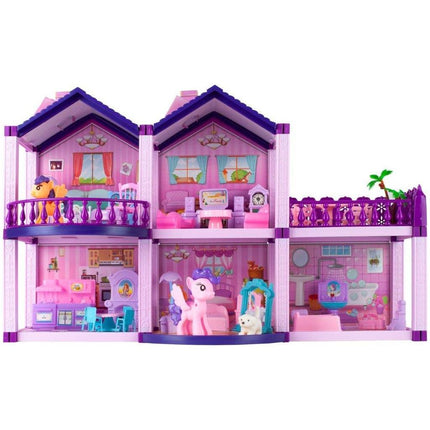 Villa Sogno Roze Poppen en Ponyhuis met 2 Paarden - Dreamhouse Speelfigurenset - Poppenhuizen - 38,5 cm