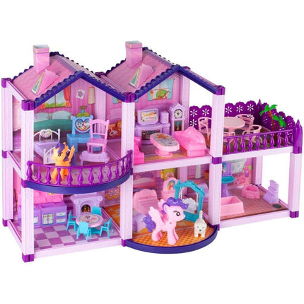 Villa Sogno Roze Poppen en Ponyhuis met 2 Paarden - Dreamhouse Speelfigurenset - Poppenhuizen - 38,5 cm