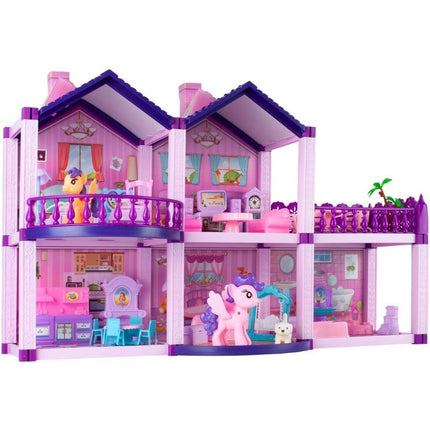 Villa Sogno Roze Poppen en Ponyhuis met 2 Paarden - Dreamhouse Speelfigurenset - Poppenhuizen - 38,5 cm