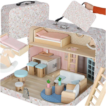 Poppenhuis in Koffer met Houten Meubels – Mini Draagbaar Poppenhuis met Accessoires – Creatief Speelgoed vanaf 3 Jaar