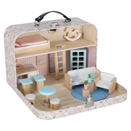 Poppenhuis in Koffer met Houten Meubels – Mini Draagbaar Poppenhuis met Accessoires – Creatief Speelgoed vanaf 3 Jaar