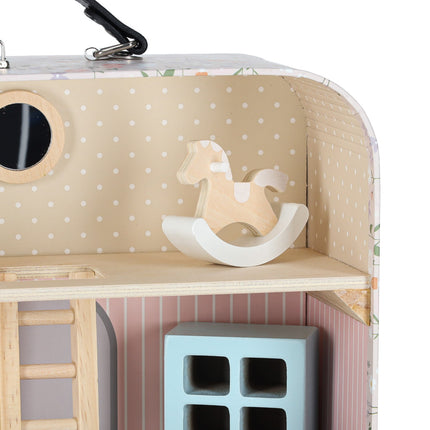 Poppenhuis in Koffer met Houten Meubels – Mini Draagbaar Poppenhuis met Accessoires – Creatief Speelgoed vanaf 3 Jaar