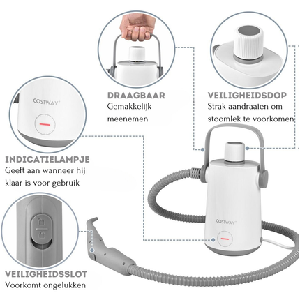 Costway Handstoomreiniger 1000 W - 300 ml Watercapaciteit - 10 Accessoiresets Stoomreiniger voor Tapijten Ramen Bekleding Grijs + Wit