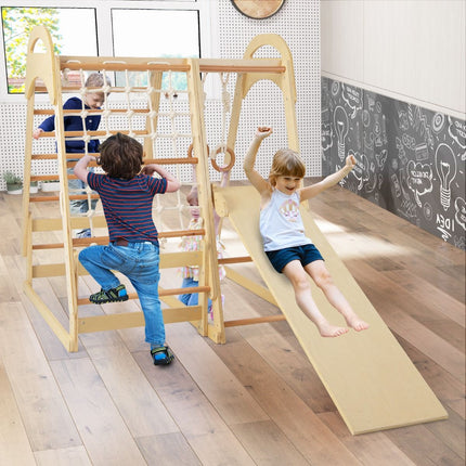 Trendmix 6-In-1 Houten Klimrek Speeltoestel - Indoor Kinder Speeltoestel met Glijbaan en Tent - 115 cm x 108 cm x 127 cm