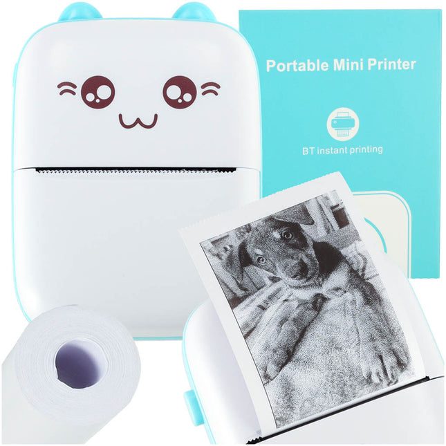 Ikonka Mini Thermische Printer Kat Voor Labelfoto's + Usb-Kabel Blauw - Labelprinter Foto Printer - 12cm