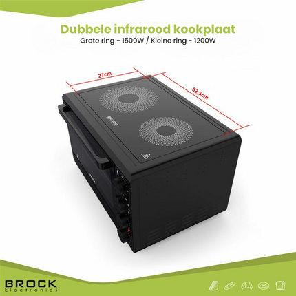 Brock Electronics Elektrische Mini Oven 50L Met 2 Keramische Kookplaten - Vrijstaande Convectie Oven Met Grill En 2 Kookplaten – 1800W - Zwart