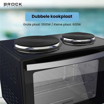 Brock Electronics Elektrische Mini Oven 30L met 2 Kookplaten – Vrijstaande Convectie Oven met Grill en Kookplaten – 1600W - Zwart
