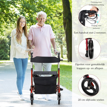 Trendmix Opvouwbare Lichtgewicht Rollator Met Zitting En Loophulp - 6-Voudig In Hoogte Verstelbaar Loopwagen - Tas En Stokhouder & 2 Remmen - Rood