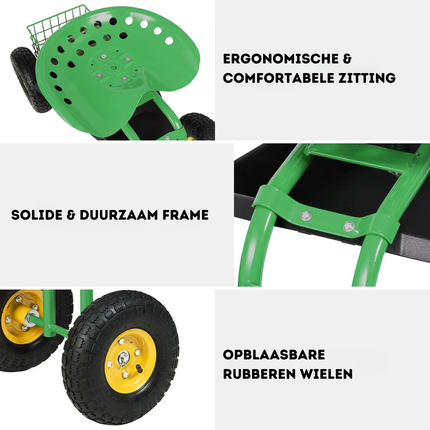 Trendmix Verrijdbare Werk Tuinstoel met 360° Draaibare Zitting - Om Makkelijk Onkruid Te Verwijderen - Verstelbare Hoogte Tuintrolley - Opbergmand – Groen