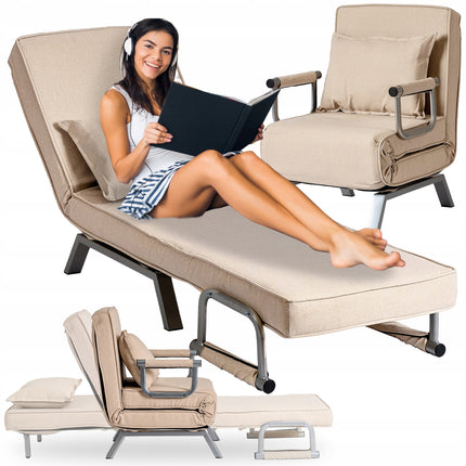 2de kansje Mebel Elite Bart Luxe 3-in-1 Uitklapbare Slaapstoel Beige - Inklapbare Slaapbank Met 5 Standen Verstelbare Rugleuning - Belastbaar Tot 125 kg - Moderne Slaapfauteuil - Logeerbed