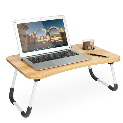 Laptoptafel met bekerhouder en tablethouder - Laptopstandaard - Schoottafel - Bedtafel - MDF Hout - Naturel - 60x40x25 cm