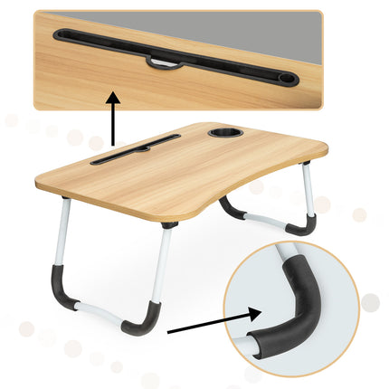 Laptoptafel met bekerhouder en tablethouder - Laptopstandaard - Schoottafel - Bedtafel - MDF Hout - Naturel - 60x40x25 cm
