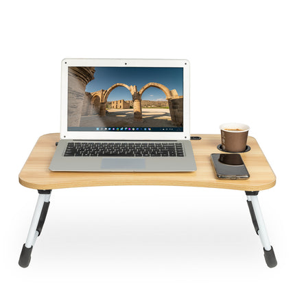 Laptoptafel met bekerhouder en tablethouder - Laptopstandaard - Schoottafel - Bedtafel - MDF Hout - Naturel - 60x40x25 cm