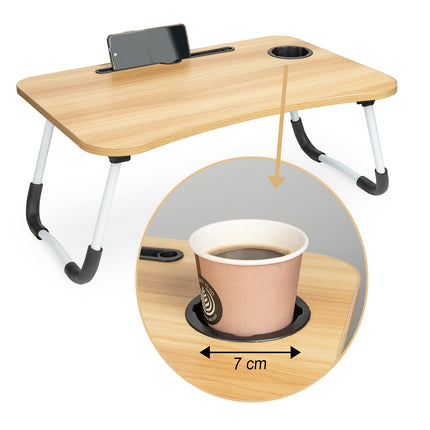 Laptoptafel met bekerhouder en tablethouder - Laptopstandaard - Schoottafel - Bedtafel - MDF Hout - Naturel - 60x40x25 cm