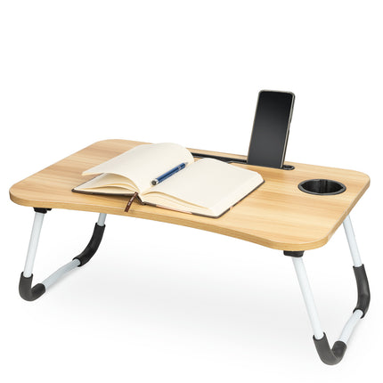 Laptoptafel met bekerhouder en tablethouder - Laptopstandaard - Schoottafel - Bedtafel - MDF Hout - Naturel - 60x40x25 cm