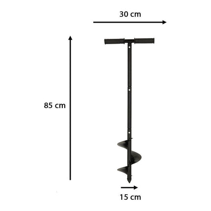 Ikonka zwarte Grondboor met rubberen handvat - Tuinboor - Palenboor - boordiameter 15 cm totale lengte 85 cm