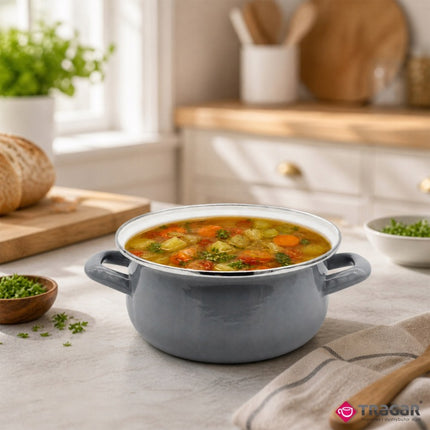 Emaille Kookpan 2,5 Liter – Emaille Pan 20 cm – Glazen Deksel – Grijs
