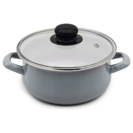 Emaille Kookpan 2,5 Liter – Emaille Pan 20 cm – Glazen Deksel – Grijs