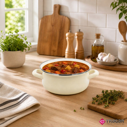 Emaille Kookpan met Glazen Deksel 1,2 Liter – 16 cm – Geëmailleerd Staal – Crème
