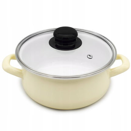 Emaille Kookpan met Glazen Deksel 1,2 Liter – 16 cm – Geëmailleerd Staal – Crème