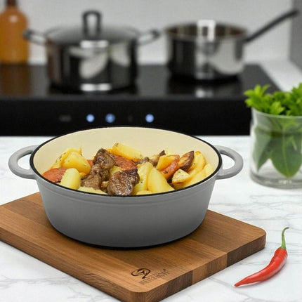 Gietijzeren Braadpan 20 cm – 2 Liter Geëmailleerde Gietijzeren Pan met Deksel – Inductie – Stoofpan – Grijs