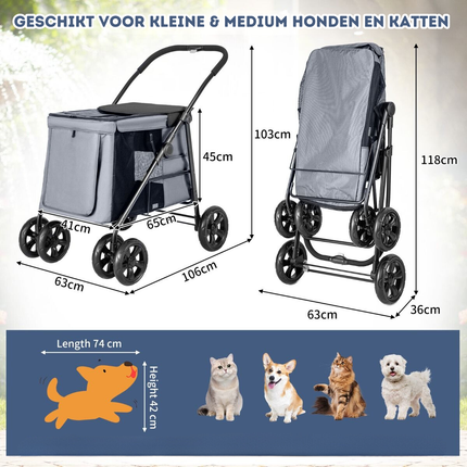 Trendmix Opvouwbare XL Hondenbuggy Met Ademend Gaas En Opbergvakken - Voor Honden En Katten Tot 40 kg - 106 x 63 x 103 cm Grijs