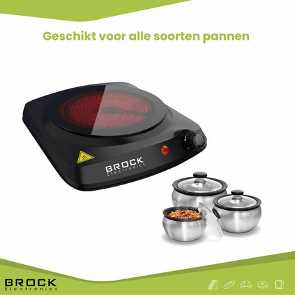 Brock Electronics Elektrische Kookplaat - Infrarood Kookplaat - Compacte 1 Pits - 1200W - Zwart