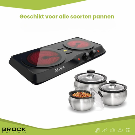 Brock Electronics Compacte Elektrische Kookplaat - Infrarood Kookplaat - 2 Pits - 1200 + 800W - Zwart