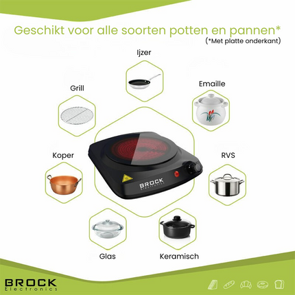 Brock Electronics Elektrische Kookplaat - Infrarood Kookplaat - Compacte 1 Pits - 1200W - Zwart