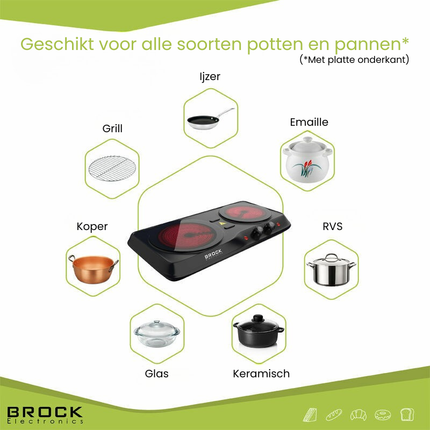 Brock Electronics Compacte Elektrische Kookplaat - Infrarood Kookplaat - 2 Pits - 1200 + 800W - Zwart