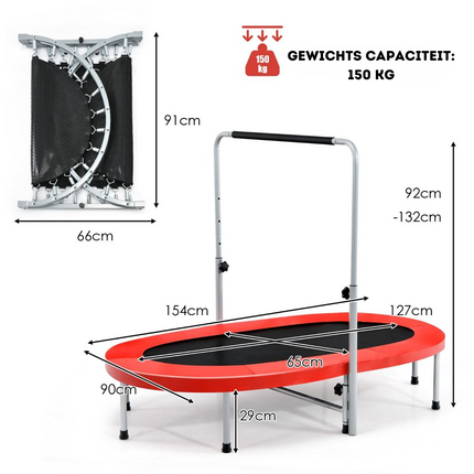Trendmix XL Dubbele Fitness Trampoline voor 2 personen - 150 kg belasting - Opvouwbare Mini Trampoline Met Verstelbare Leuning - Voor volwassenen en kinderen - 154 x 89 x 92-132 cm - Rood