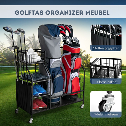 Trendmix Golftas opslagrek Metaal Zwart 95 cm x 40 cm x 94 cm - Garage Organizer Dubbele Golftas Standaard - 4 Universele Wielen Met Rem