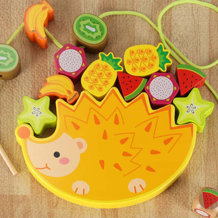 Montessori Behendigheidsspel – Houten Evenwichtsspel Egel met Fruit en Rijgdraad – Educatief Speelgoed vanaf 3 Jaar