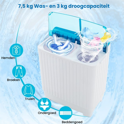Costway XXL Camping Wasmachine met dubbele trommel 7,5 Kg Was & 3 Kg Centrifugecapaciteit - Mini Wasmachine - Blauw