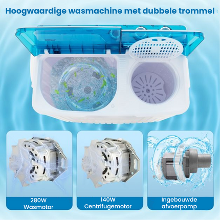 Costway XXL Camping Wasmachine met dubbele trommel 7,5 Kg Was & 3 Kg Centrifugecapaciteit - Mini Wasmachine - Blauw