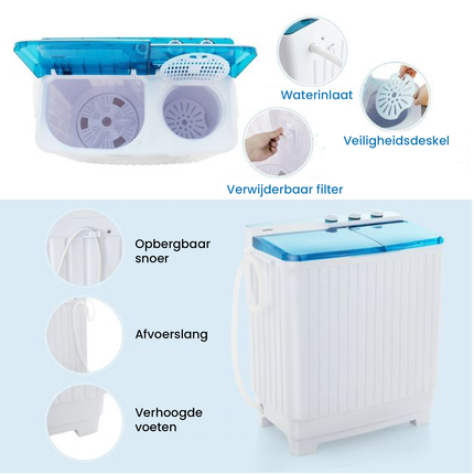 Costway XXL Camping Wasmachine met dubbele trommel 7,5 Kg Was & 3 Kg Centrifugecapaciteit - Mini Wasmachine - Blauw