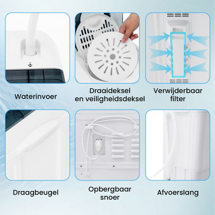 Costway XL Camping Wasmachine - Dubbele Trommel 6,5 kg Was & 2 kg Centrifugecapaciteit - Compacte Wasmachine – Studenten Wasmachine Zwart