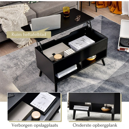 Trendmix Multifunctionele Salontafel Uitklapbaar Zwart - Lift-Top Koffietafel - Verstelbare Woonkamer Tafel 80 x 40 x 44,5 cm