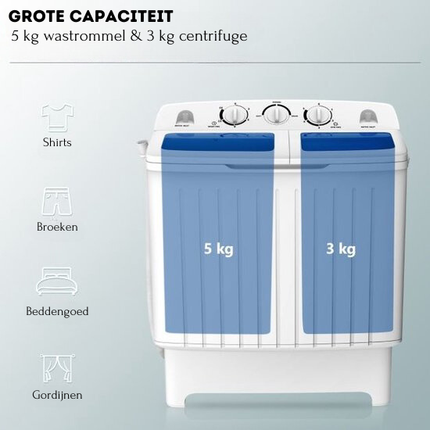 2de kansje Costway camping wasmachine met dubbele trommel 5 Kg was / 3 Kg centrifuge laadvermogen wit / blauw