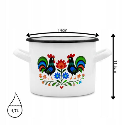 Emaille Kookpan 1,7 Liter – Kleine Geëmailleerde Pan 14 cm – Kookpot met Folk Design – Wit