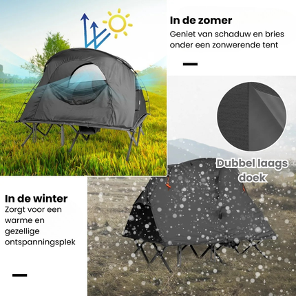 Trendmix 4-in-1 Opvouwbare Campingtent – Verhoogde Kampeertent met Cot, Luchtmatras & Pomp – 2-Persoons Waterdichte Tent – Snel Opzetbaar & Draagbaar – Outdoor, Festival & Camping – Grijs – 194 x 146 x 160 cm