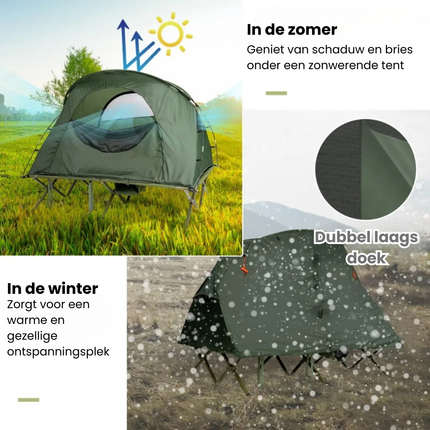 Trendmix 4-in-1 Opvouwbare Campingtent – Verhoogde Kampeertent met Vouwbaar Cot – 2-Persoons Waterdichte Tent – Draagbare Tent voor Camping, Outdoor & Backpacken – 194 x 146 x 160 cm – Groen