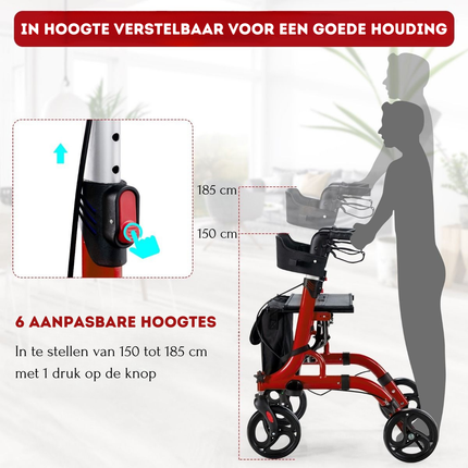 Trendmix Opvouwbare Lichtgewicht Rollator Met Zitting En Loophulp - 6-Voudig In Hoogte Verstelbaar Loopwagen - Tas En Stokhouder & 2 Remmen - Rood